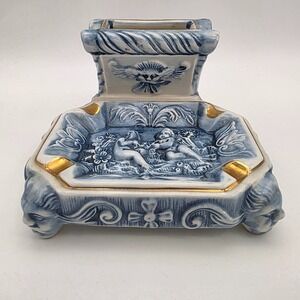 Vintage Capodimonte Italy Ceramic Cigarette Holder Cherubs Motif Blue and Gold